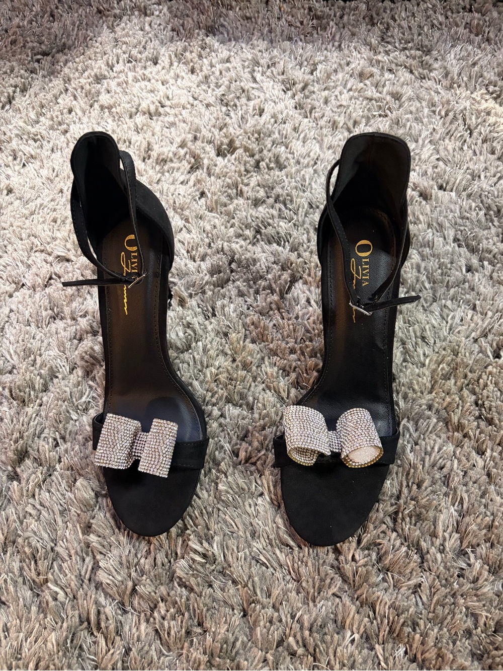 Olivia Miller Black Rhinestone Bow Ankle-Strap Heels